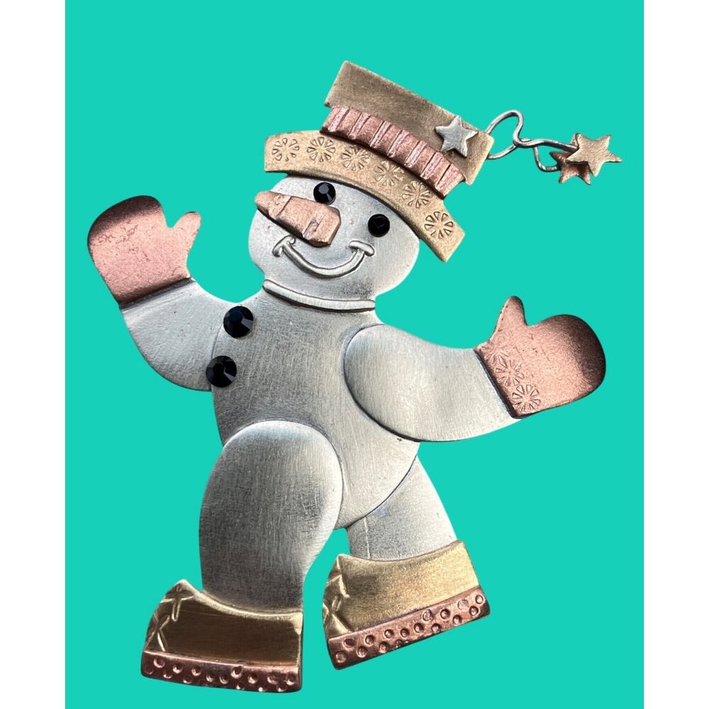 Snowman Brooch Mixed Metals Christmas Holiday Winter Jewelry